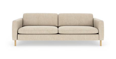 Beige 2‑sitssoffa i minimalistisk stil med mjuka, rundade armstöd och ljusa träben, frilagd mot vit bakgrund.