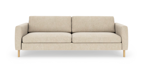 Beige soffa med träben, sedd rakt framifrån.