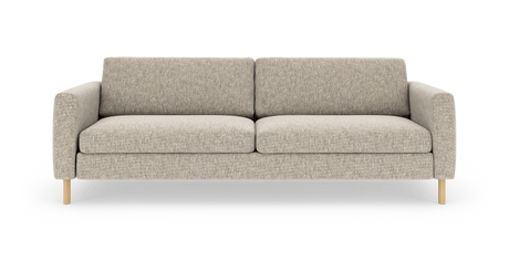Beige tresitssoffa i mjuk textil med rundade armstöd och ljusa träben, frilagd på vit bakgrund.
