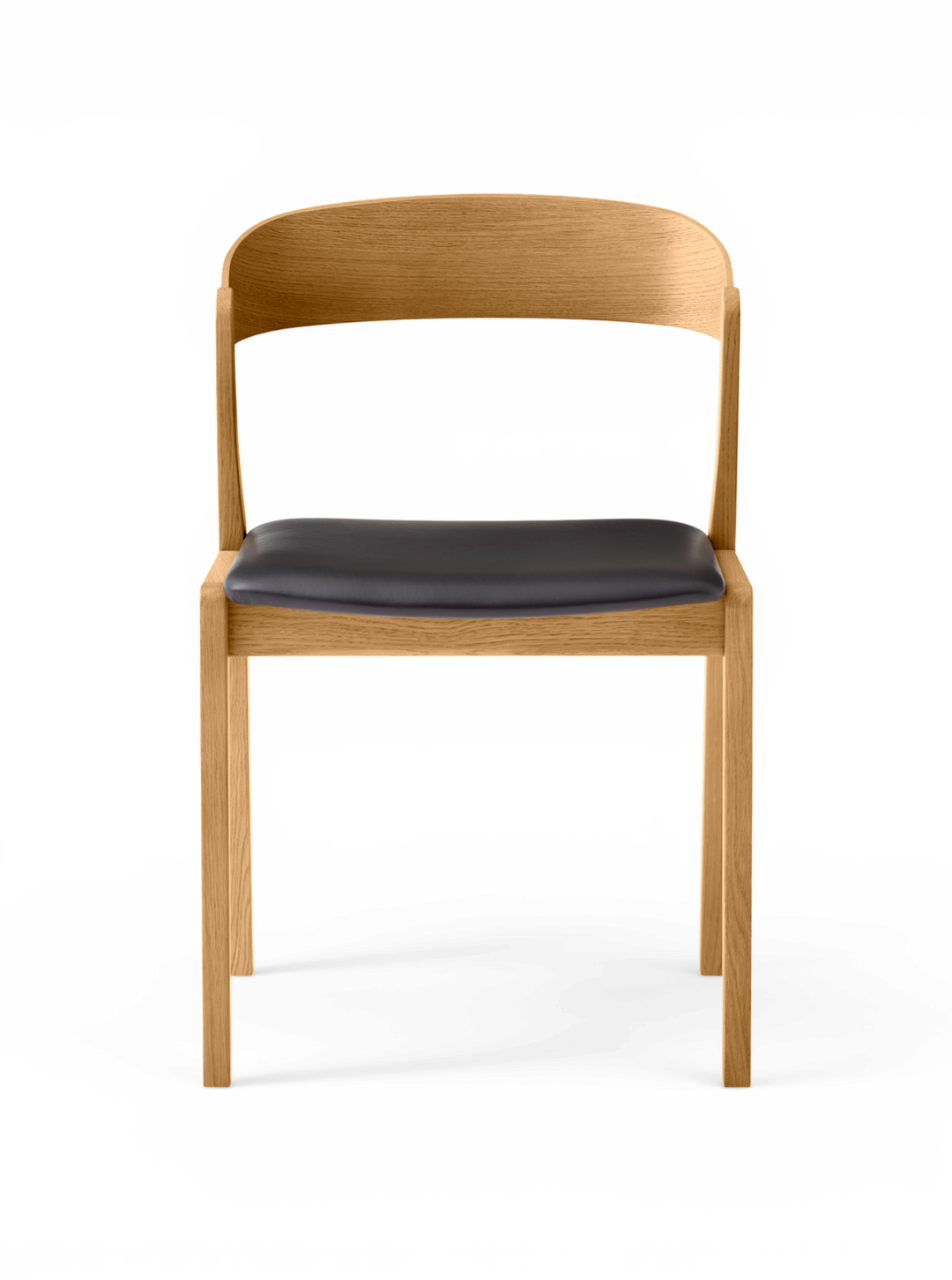 Minimalistisk stol i ljus ek med rundad rygg och mörk lädersits, frontvy.