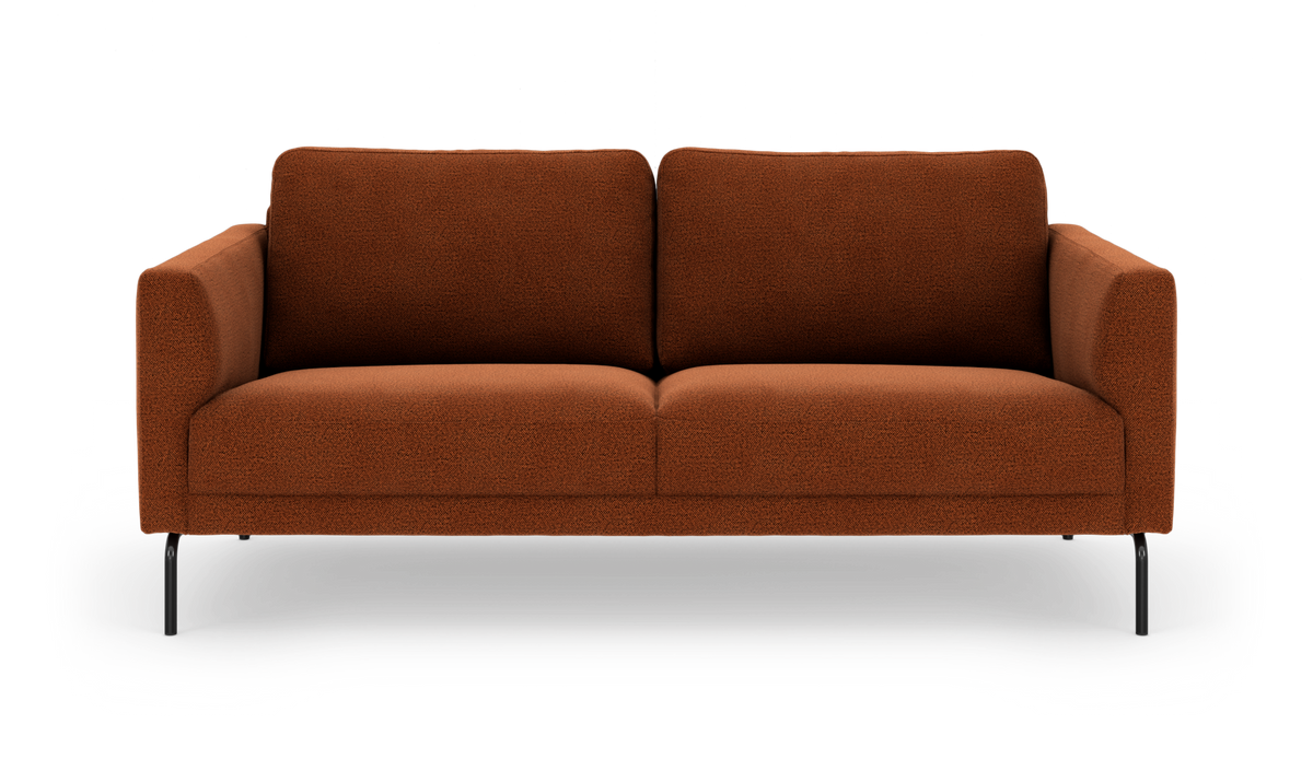 Rustfärgad modern 2‑sits soffa med mjuka kuddar och slanka svarta ben, frilagd på vit bakgrund.