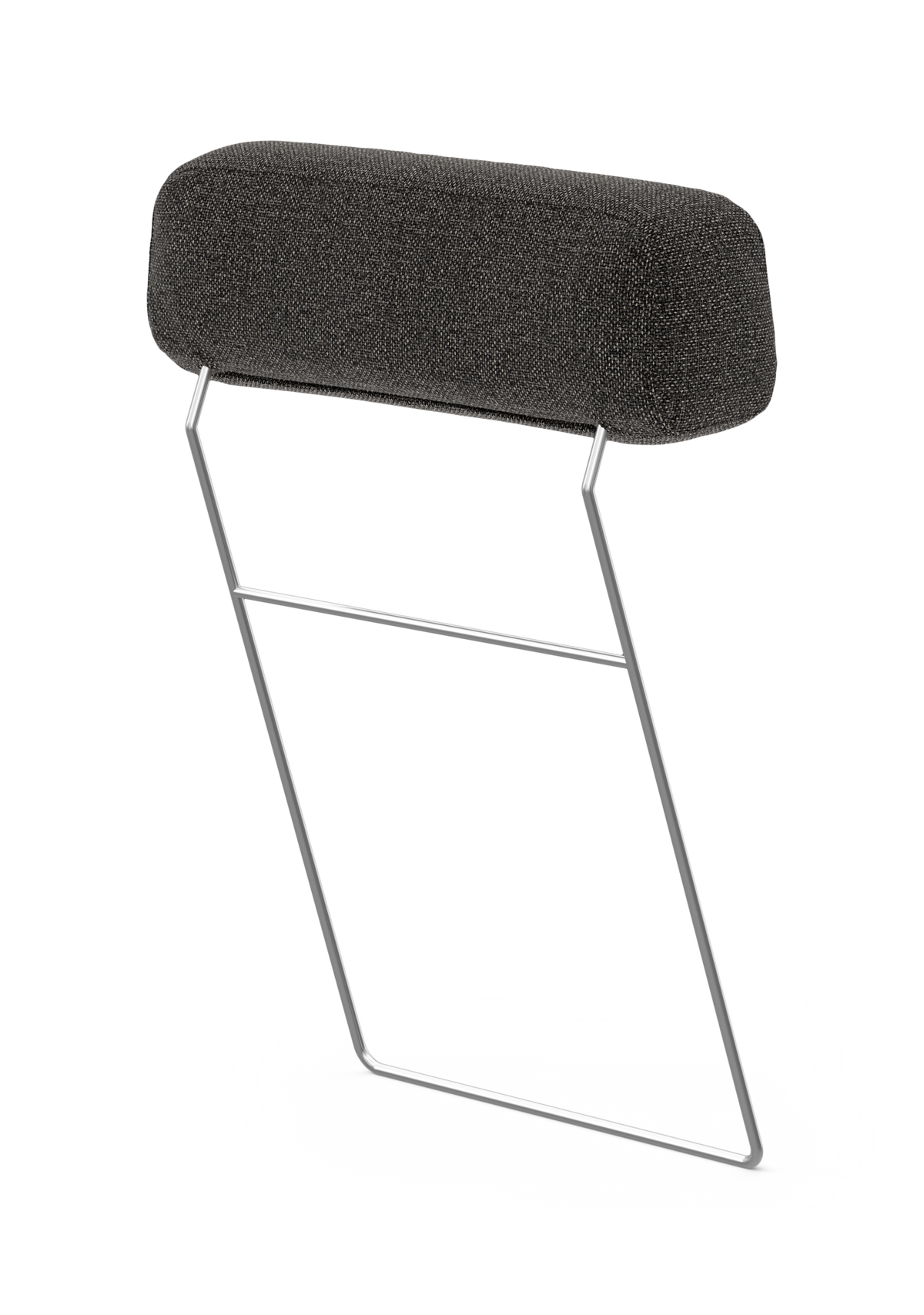 Mörkgrå stoppad nackkudde med kromad metallram, frilagd på vit bakgrund.