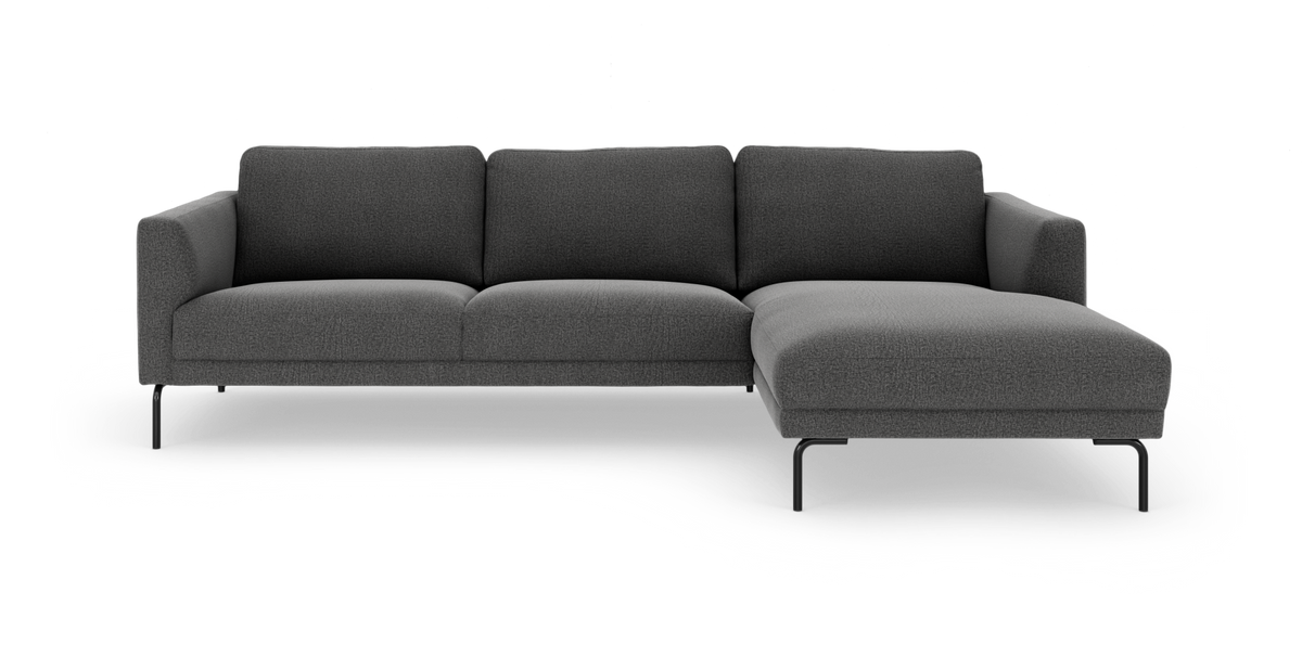 Mörkgrå modulsoffa med höger divan på vit bakgrund.