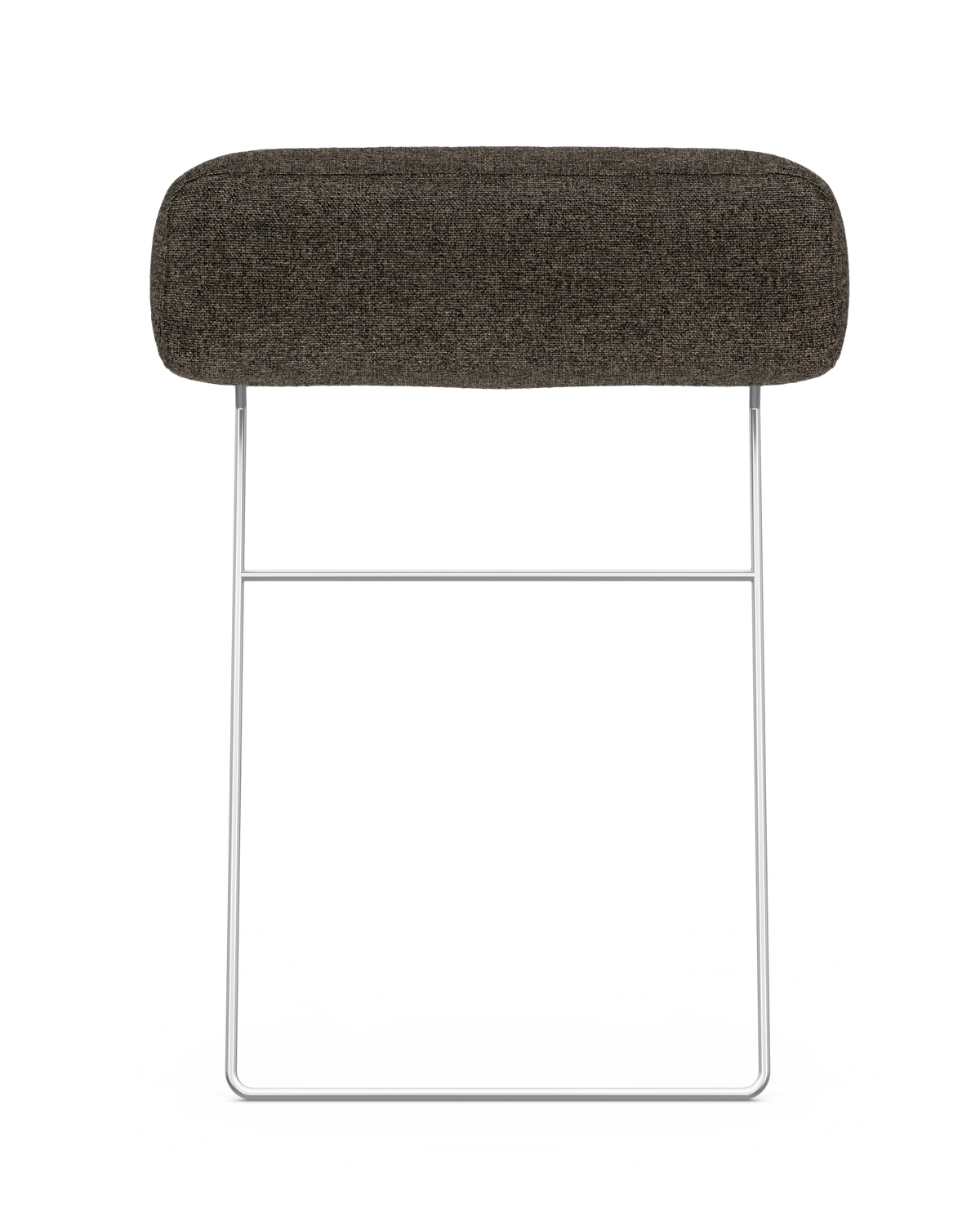 Minimalistisk pall med mörkgrå, avlång sits i tyg och kromat slädstativ, frilagd mot vit bakgrund.