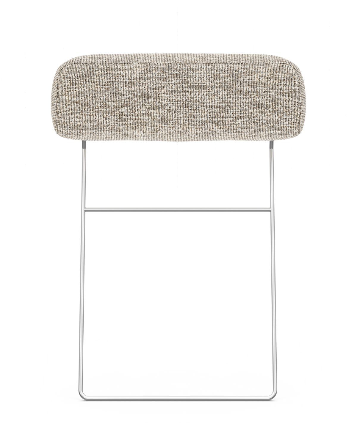 Beige textilklädd barstol med rundad rygg och kromat slädeunderrede, sedd rakt framifrån.