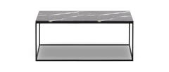 Rektangulärt soffbord med svart metallunderrede och mörkgrå marmorskiva med vita ådror.