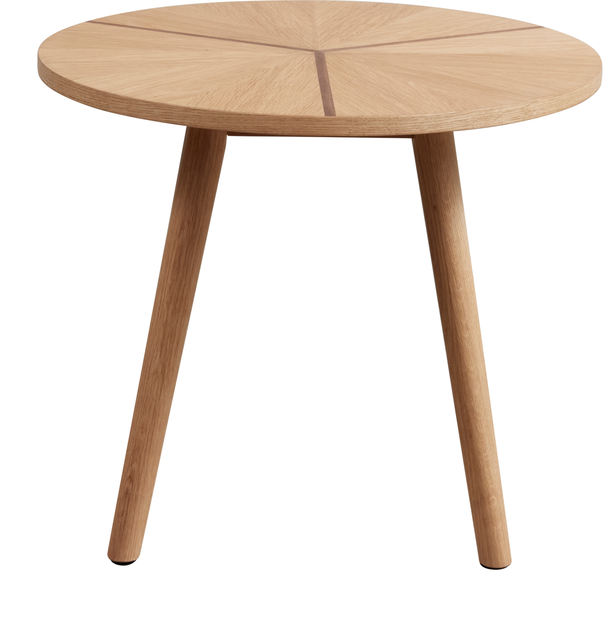 Runt litet sidobord i ljus ek med tre ben och stjärnlagd fanér på bordsskivan.