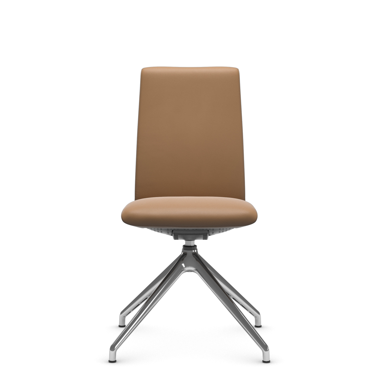 Modern stol i beige klädsel med fyrbent metallunderrede, frontvy på vit bakgrund.
