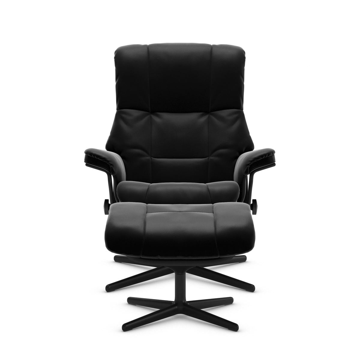 Svart reclinerfåtölj med matchande fotpall på kryssfot, fotograferad rakt fram mot vit bakgrund.
