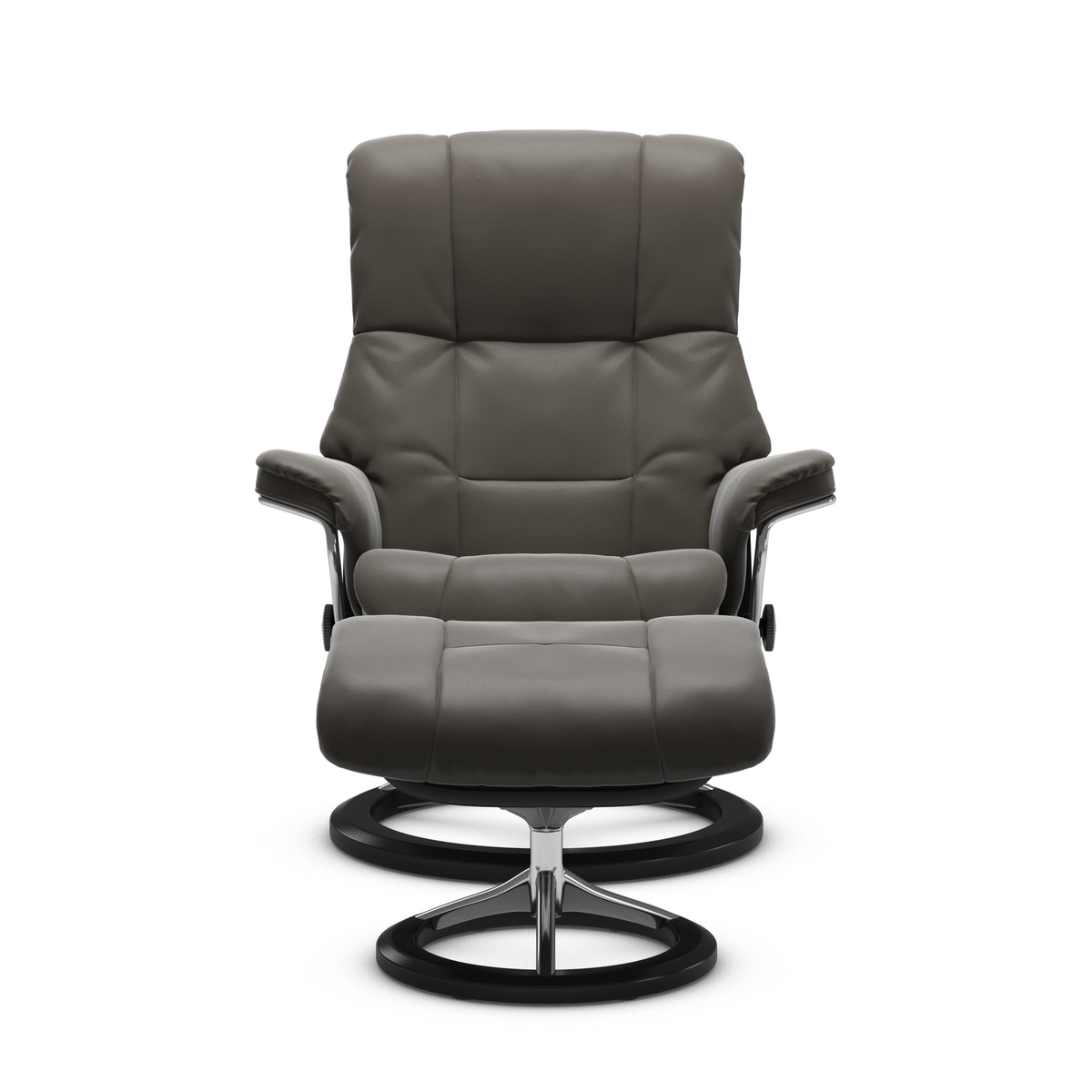 Grå läderfåtölj i modern design med kromad snurrfot, frilagd mot vit bakgrund.