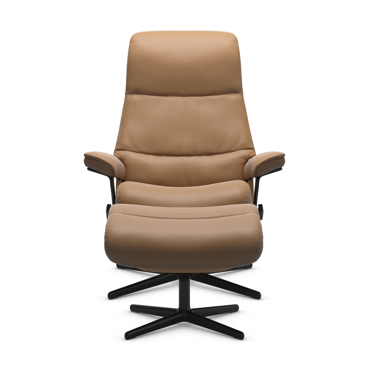 Beige recliner‑fåtölj med matchande fotpall på svart snurrstativ, frilagd mot vit bakgrund.