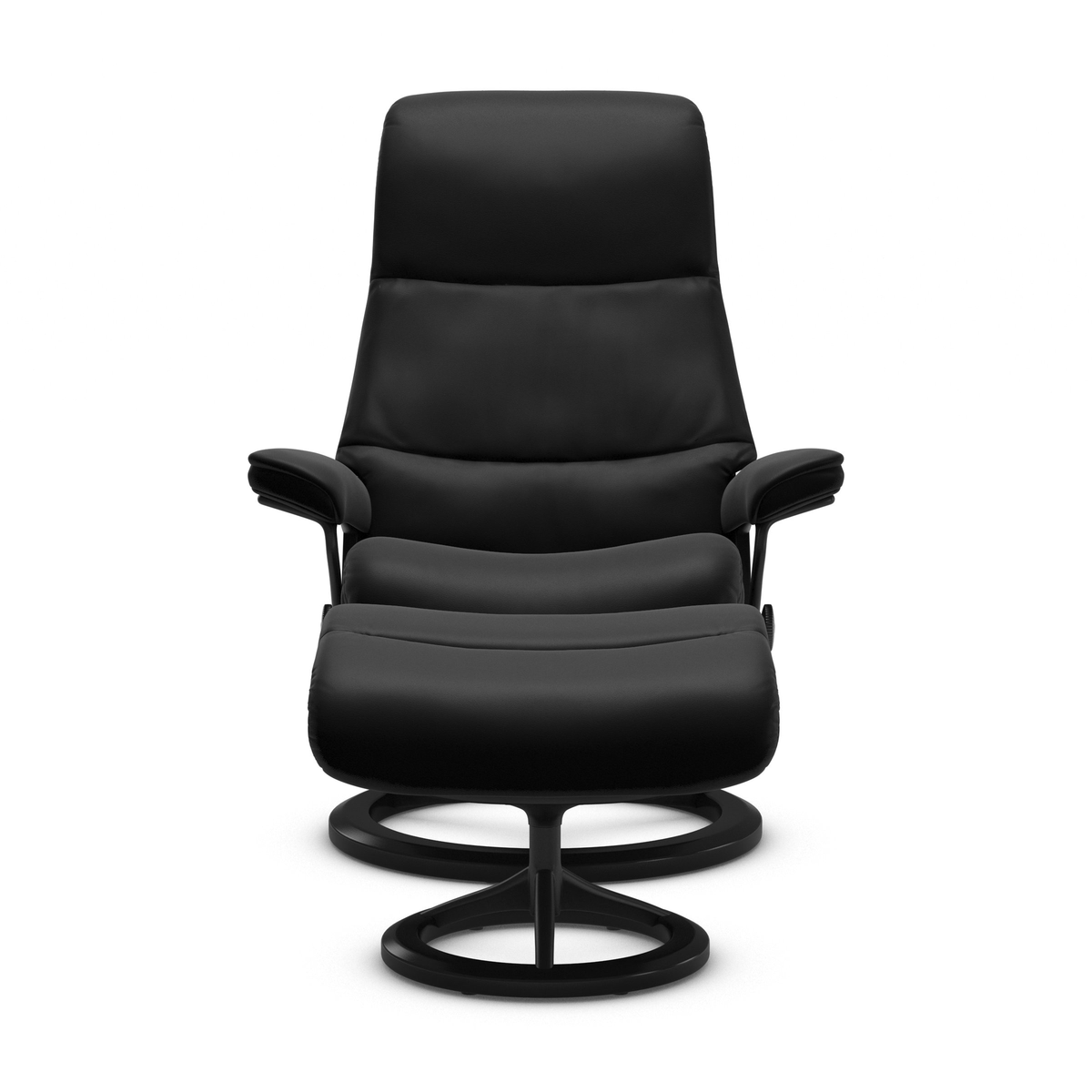 Svart modern reclinerfåtölj med matchande fotpall på rund snurrbas, frilagd mot vit bakgrund.