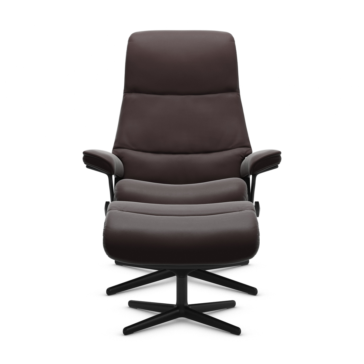 Mörkbrun recliner-fåtölj med matchande fotpall på svart snurrstativ, frontvy, frilagd på vit bakgrund.