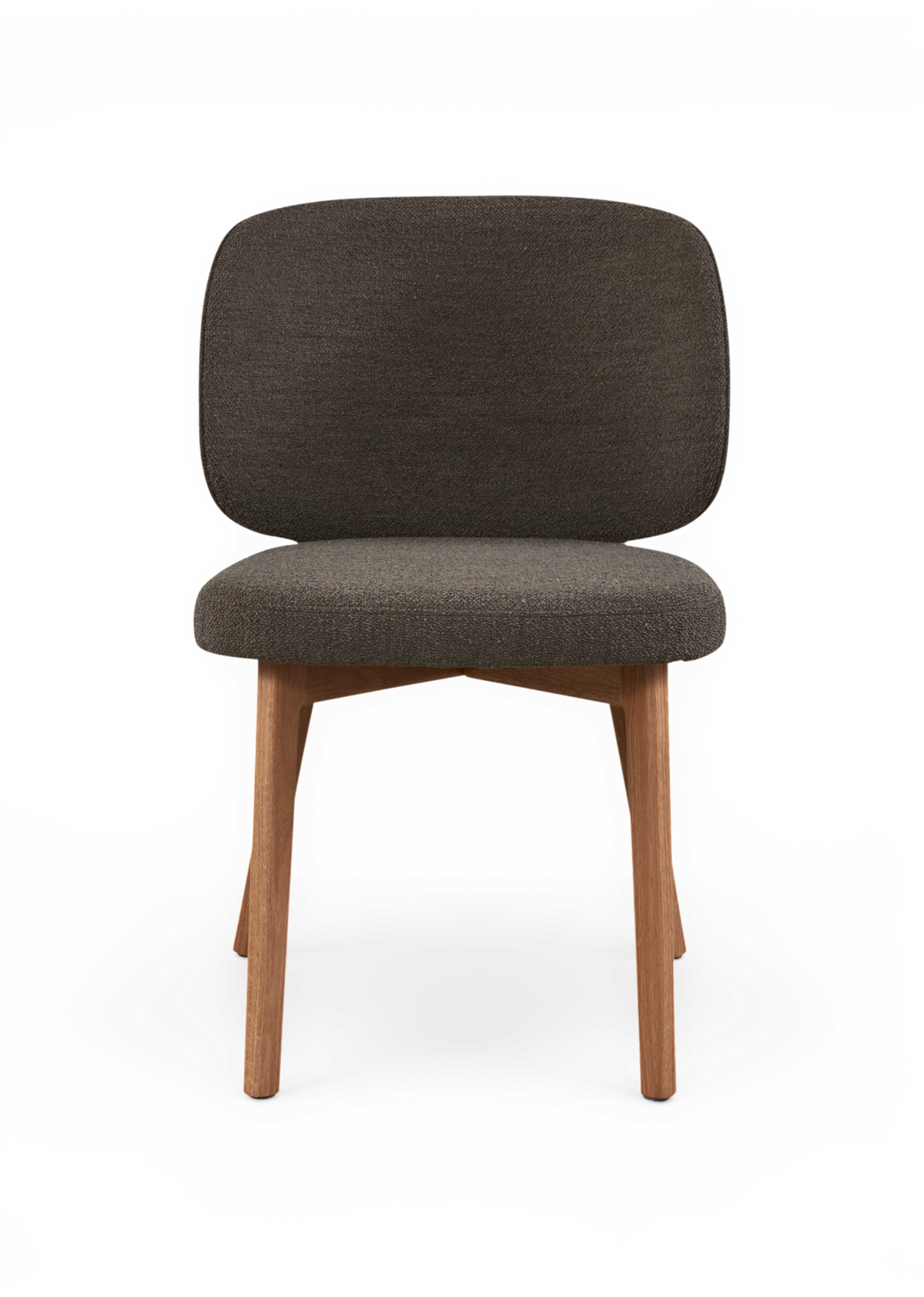 Framifrån: modern loungestol med mörkgrå stoppad sits och rygg samt ben i ljus ek.
