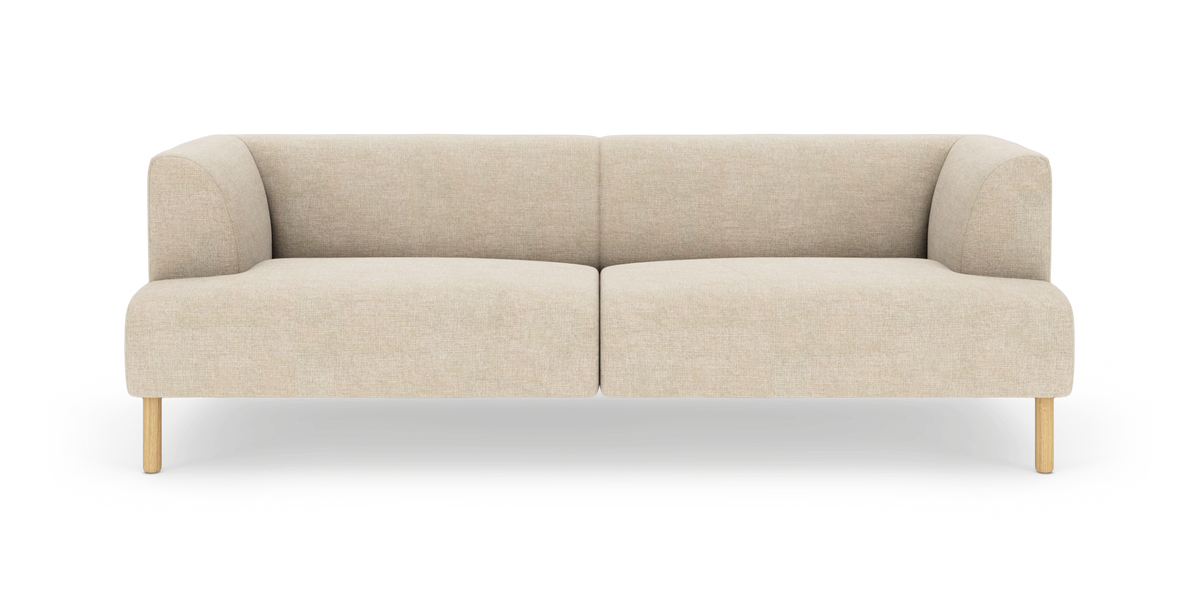 Beige tvåsitsig modulsoffa med rundade armstöd och ljusa träben, fotad rakt framifrån på vit bakgrund.