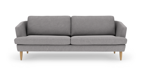 Grå 3-sits soffa med ljusa träben, fotograferad rakt fram mot vit bakgrund.