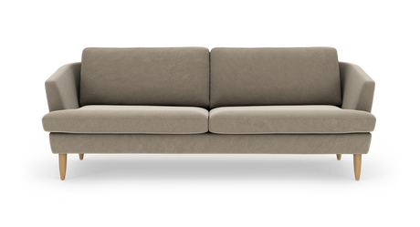 Beige soffa med två sittdynor och runda träben, frilagd på vit bakgrund.