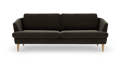 Mörkgrå 3-sits soffa med träben, frontvy på vit bakgrund.
