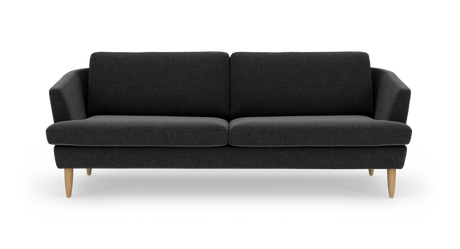 Mörkgrå 3‑sits soffa med runda träben, frontvy på vit bakgrund.