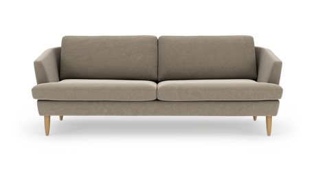 Beige soffa med två sittdynor och runda träben, frontvy på vit bakgrund.