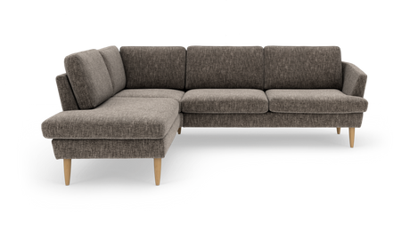 L‑formad modulsoffa i gråmelerat tyg med ljusa träben, sedd snett framifrån på vit bakgrund.