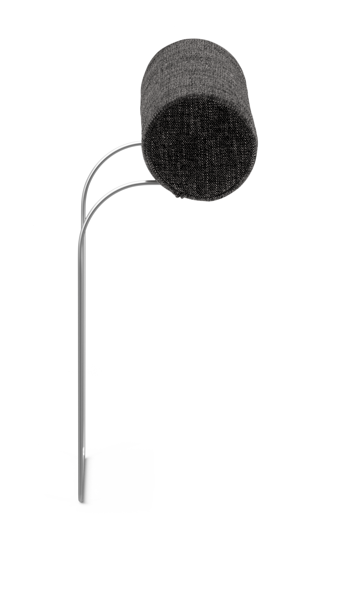 Modern golvlampa med två böjda metallstänger och cylindrisk mörkgrå textilskärm, frilagd mot vit bakgrund.