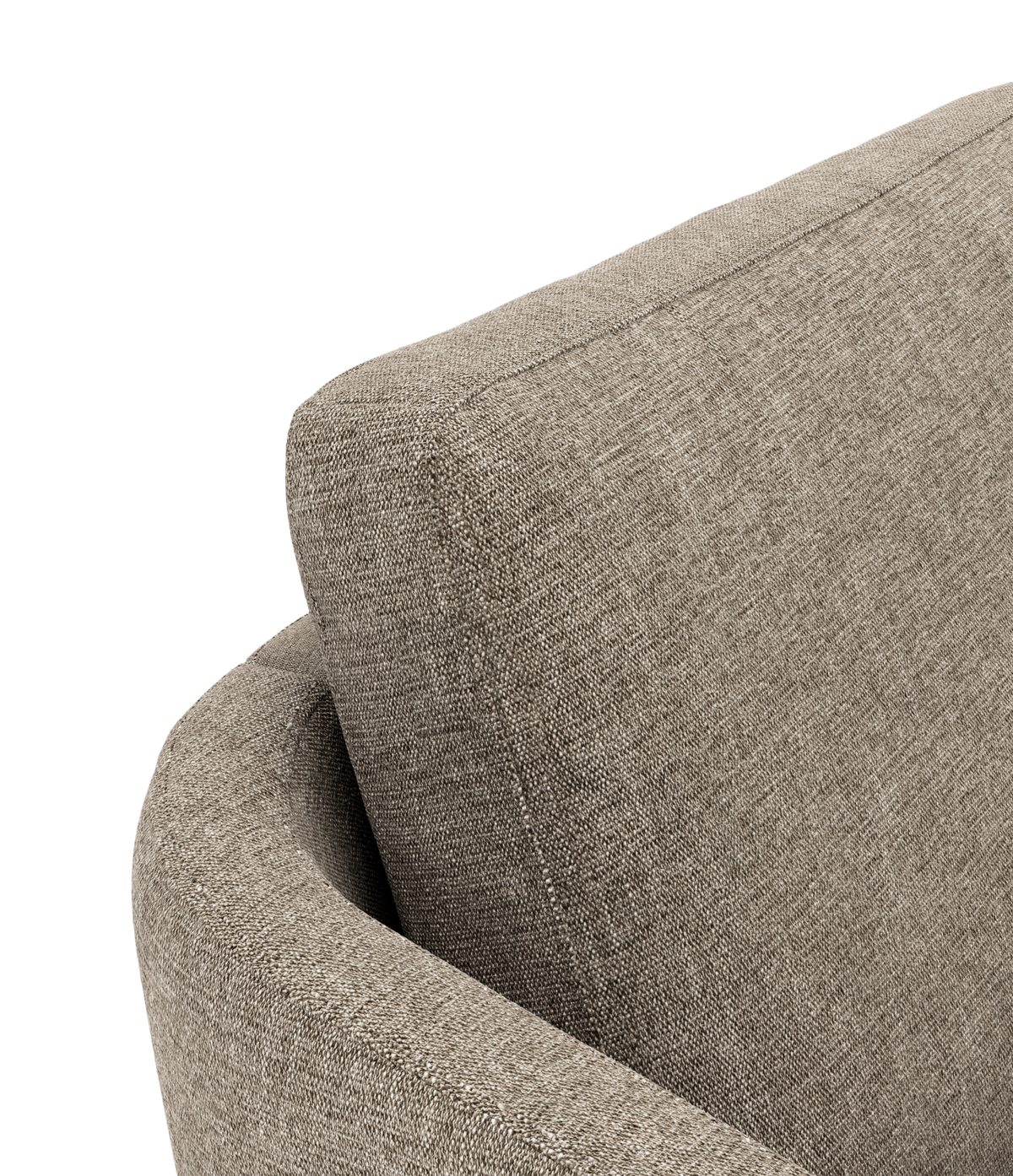 Närbild på beige tygklädd soffrygg och rundat armstöd i sned vinkel, frilagd.