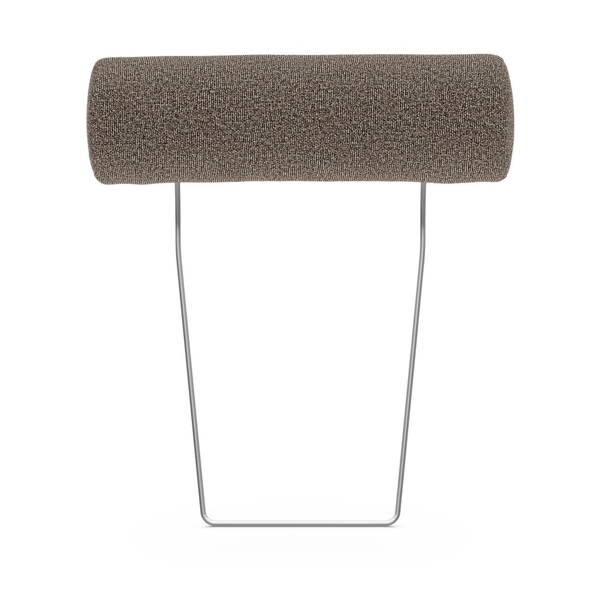 Cylinderformad ryggkudde/huvudstöd i taupe tyg på kromad U‑formad ställning, frilagd på vit bakgrund.