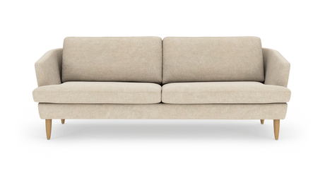 Beige soffa med två sittdynor och träben, frontvy på vit bakgrund.