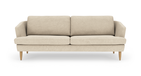 Beige 3‑sits soffa med rundade armstöd och träben, frontvy.
