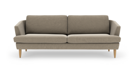 Beige 2‑sitssoffa i tyg med avsmalnande trärben, frontvy mot vit bakgrund.