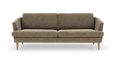 Brunbeige 2-sits soffa i tyg med ljusa träben, frontvy.