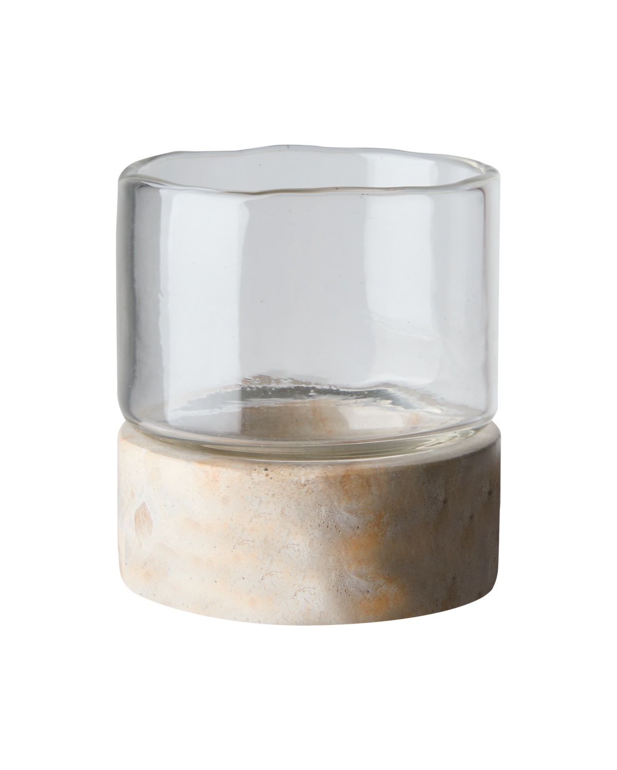 Rökfärgad glasvas med cylindrisk topp och bas i natursten.