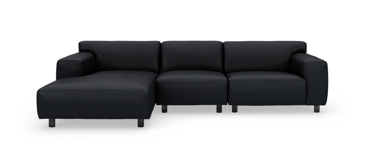 Svart modulsoffa med vänster divan, frilagd på vit bakgrund.