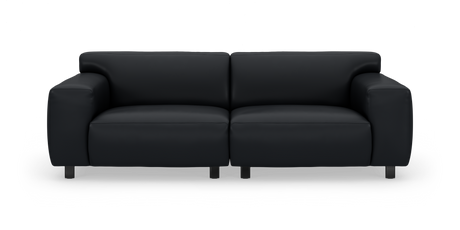 Svart lädersoffa i modern design, frontvy mot vit bakgrund.