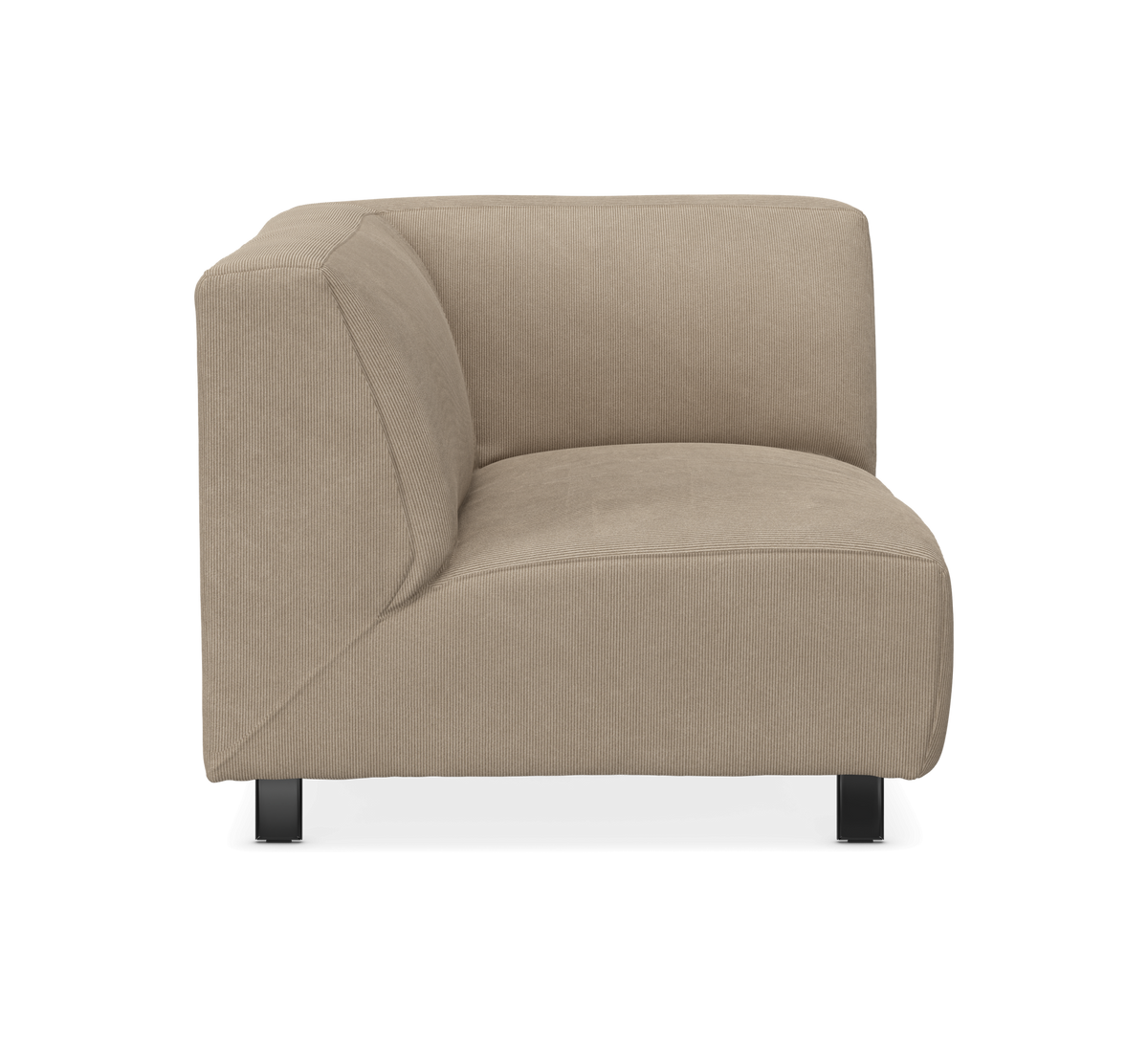 Beige hörndel till modulsoffa med svarta ben, frontal vy på neutral bakgrund.
