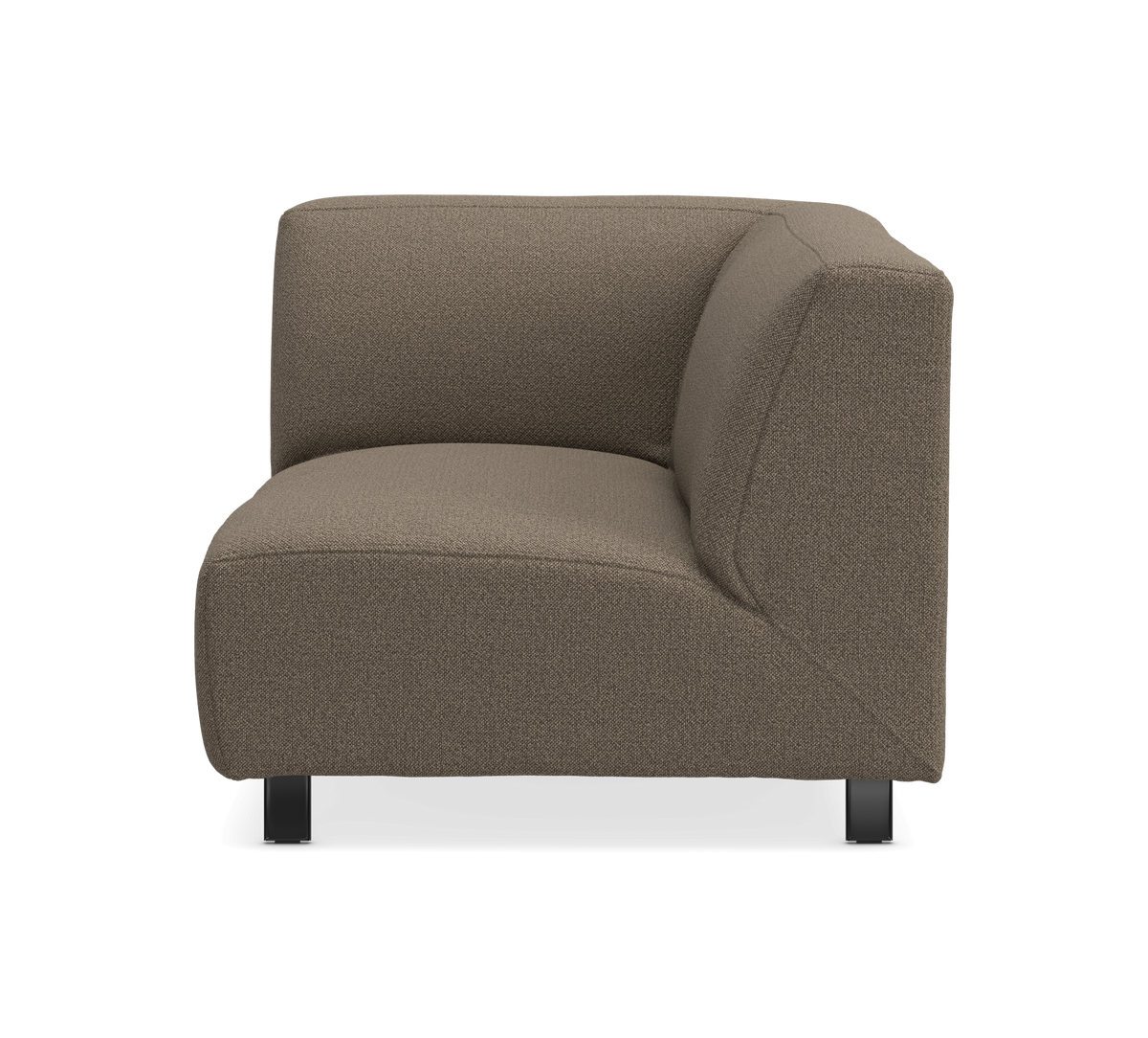Modulär hörnsektion i brun-beige textil med svarta ben, frilagd mot vit bakgrund.
