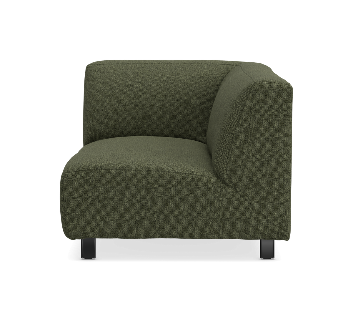 Grön modulsoffa hörndel i textil på svarta ben, frilagd mot vit bakgrund.