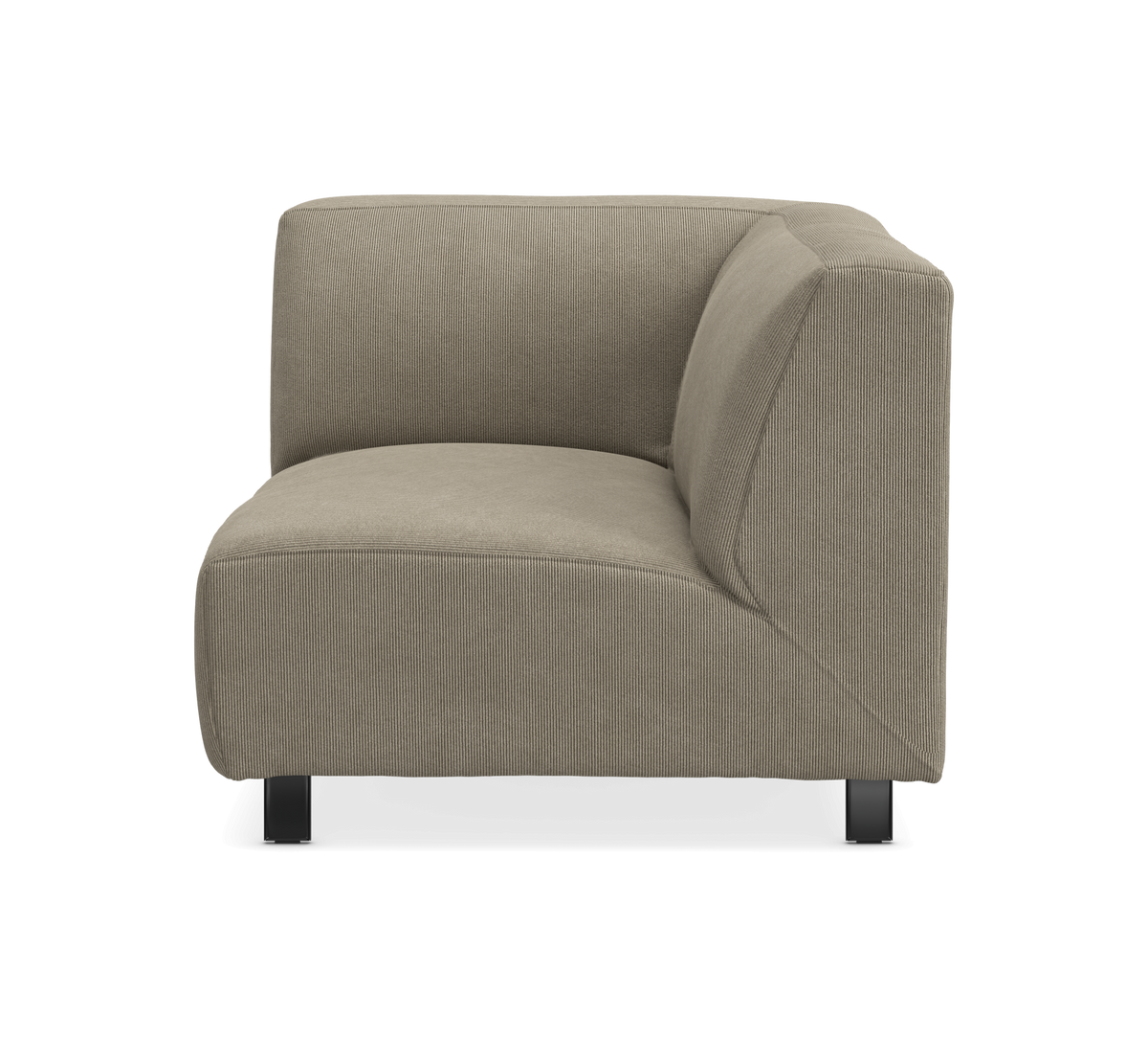 Beige hörnmodul till soffa i ribbad manchester, frilagd, rakt framifrån.