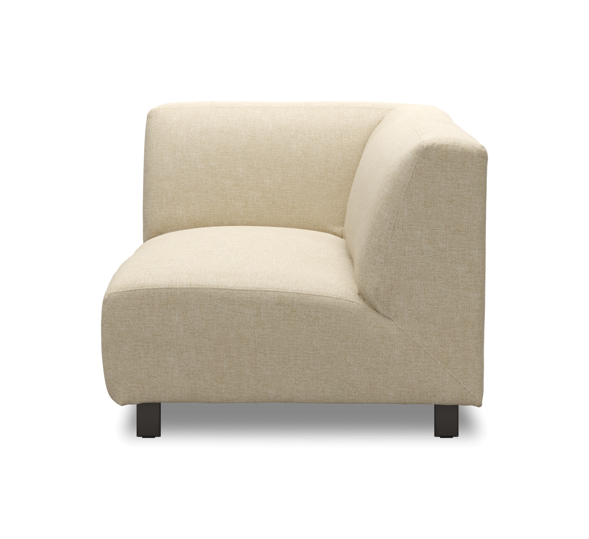 Beige hörnmodul till soffa i tyg, visad i frontsned vinkel.