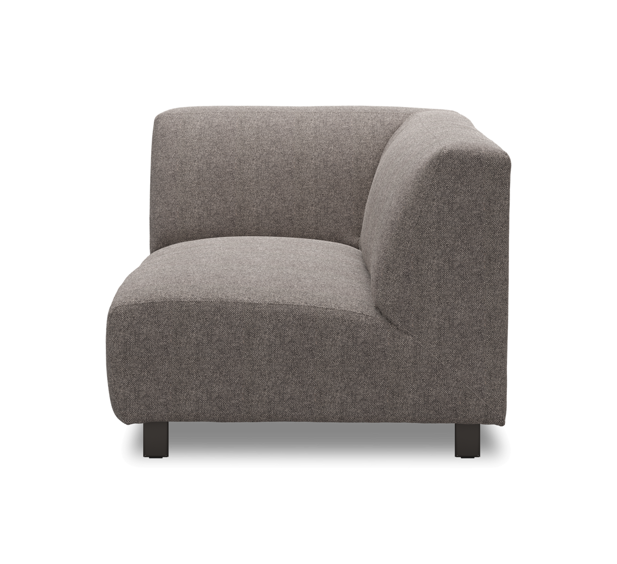 Modulsoffa, hörnsektion i grått tyg, frilagd framifrån.