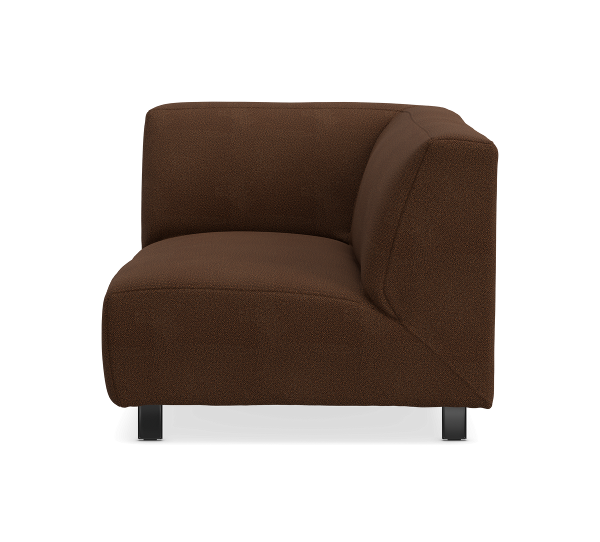 Brun modulsoffa, hjörndel i tyg med svarta ben, frontvy mot vit bakgrund.