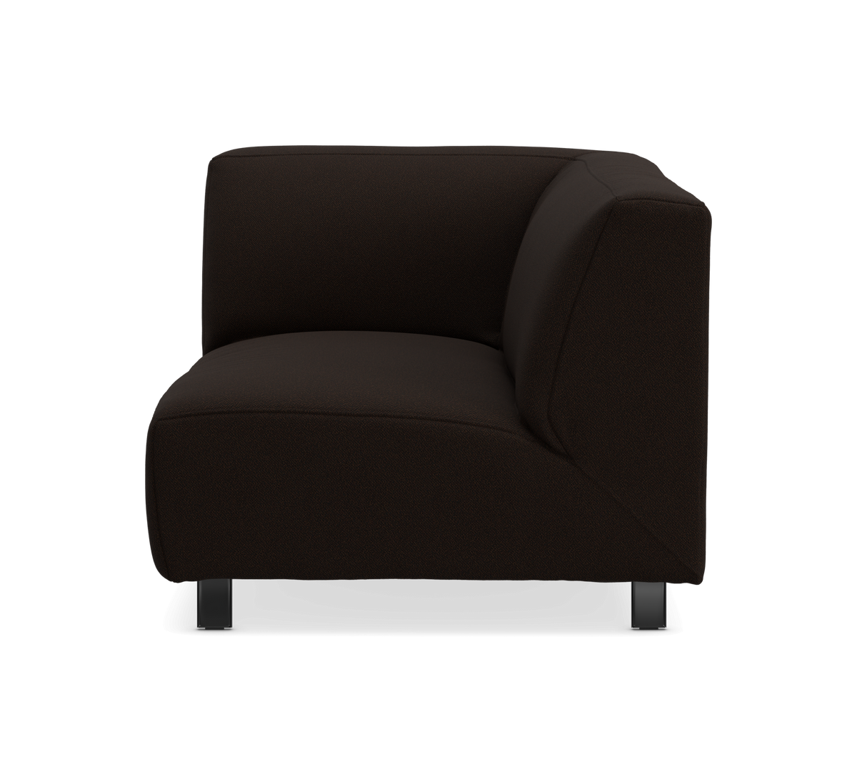 Modulsoffa, hörnsektion i mörkbrun/svart textil, frilagd mot vit bakgrund.