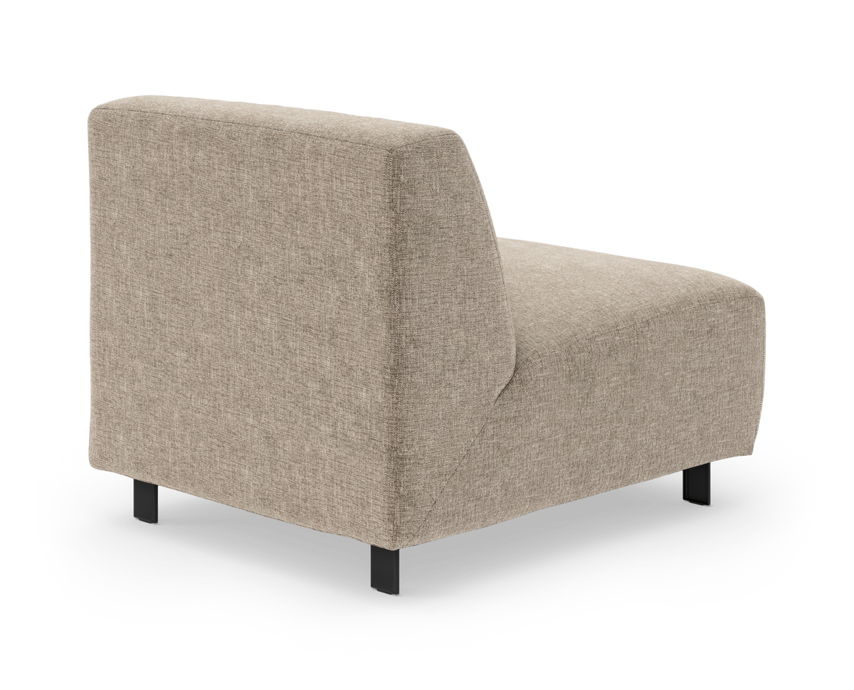 Beige modulsoffa med ryggstöd, armlös sittdel på svarta ben mot vit bakgrund.