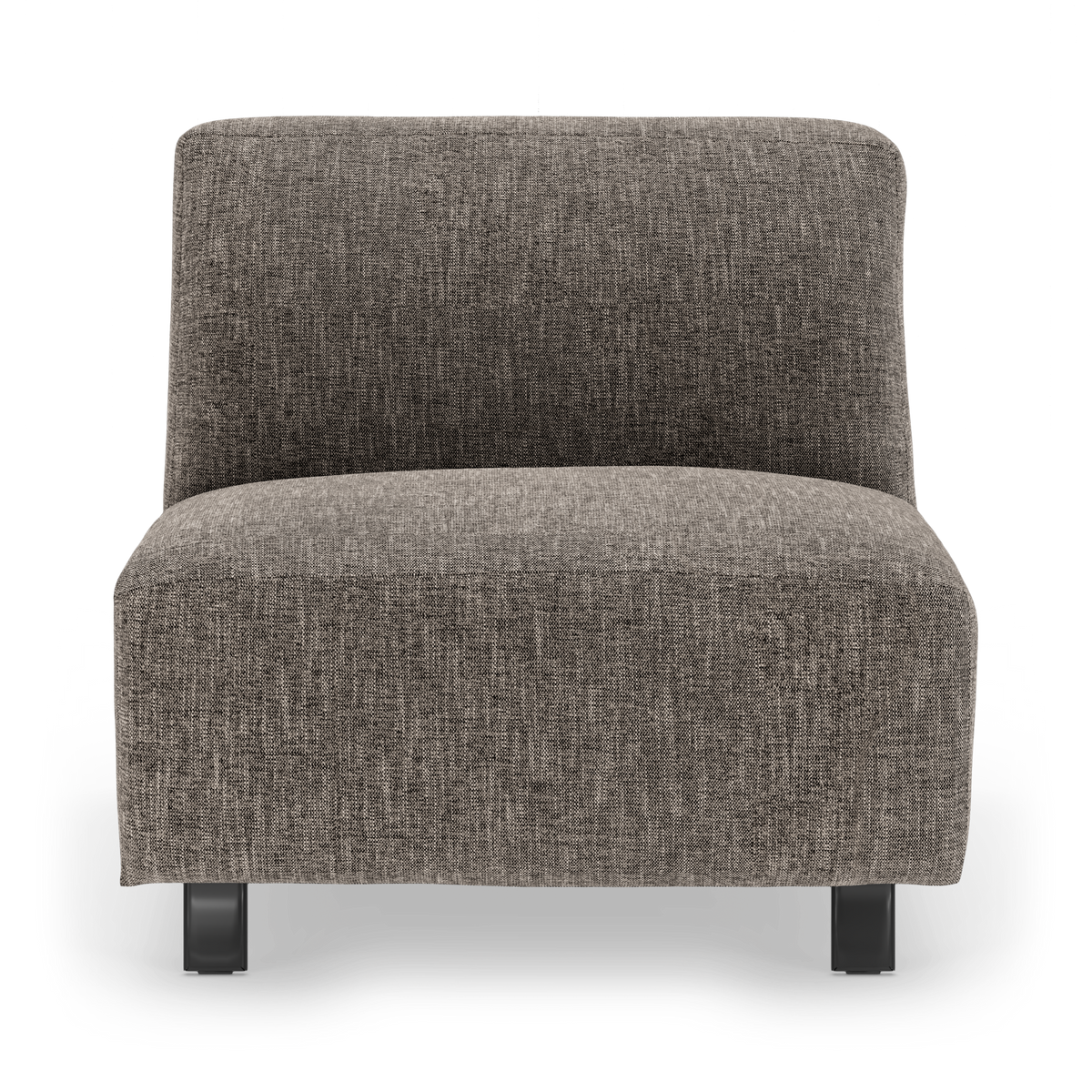 Modulär armlös loungestol i gråbrun textil med svarta ben, frontvy mot vit bakgrund.