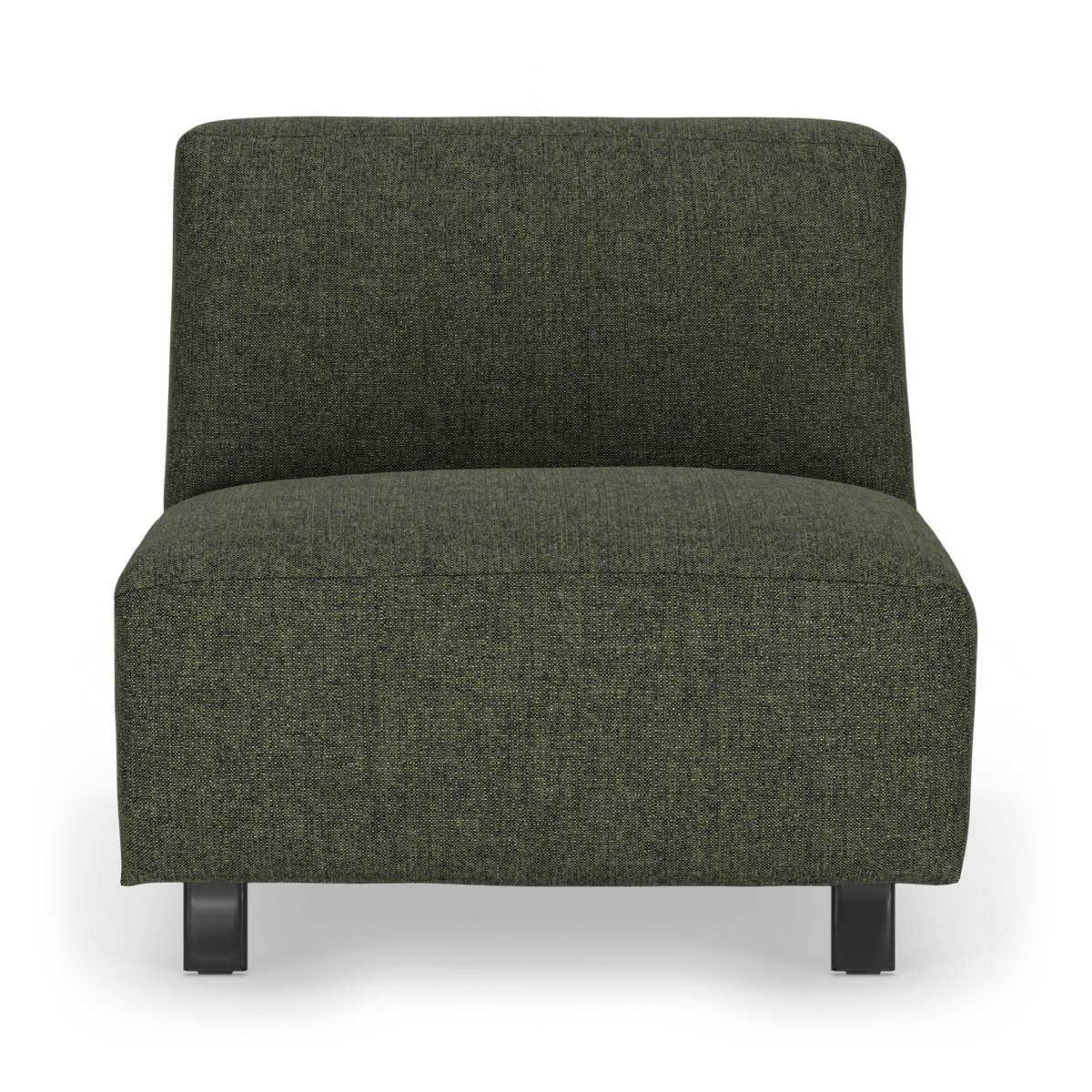 Mörkgrön modulsoffa utan armstöd med textilklädsel och metallben, sedd rakt framifrån.