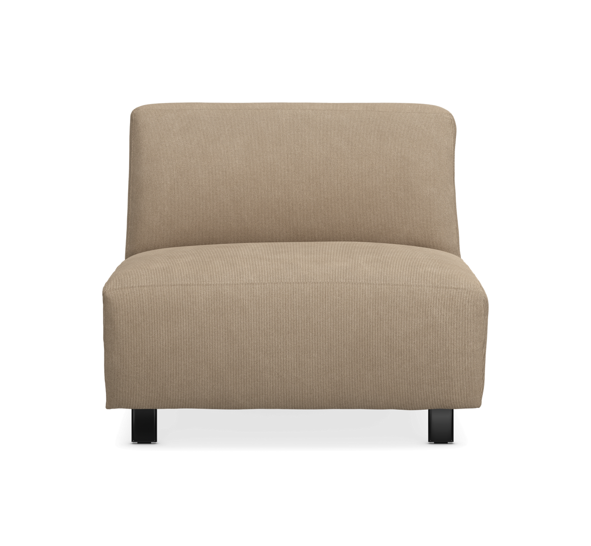 Beige armlös loungestol i tyg på svarta ben, sedd rakt framifrån.