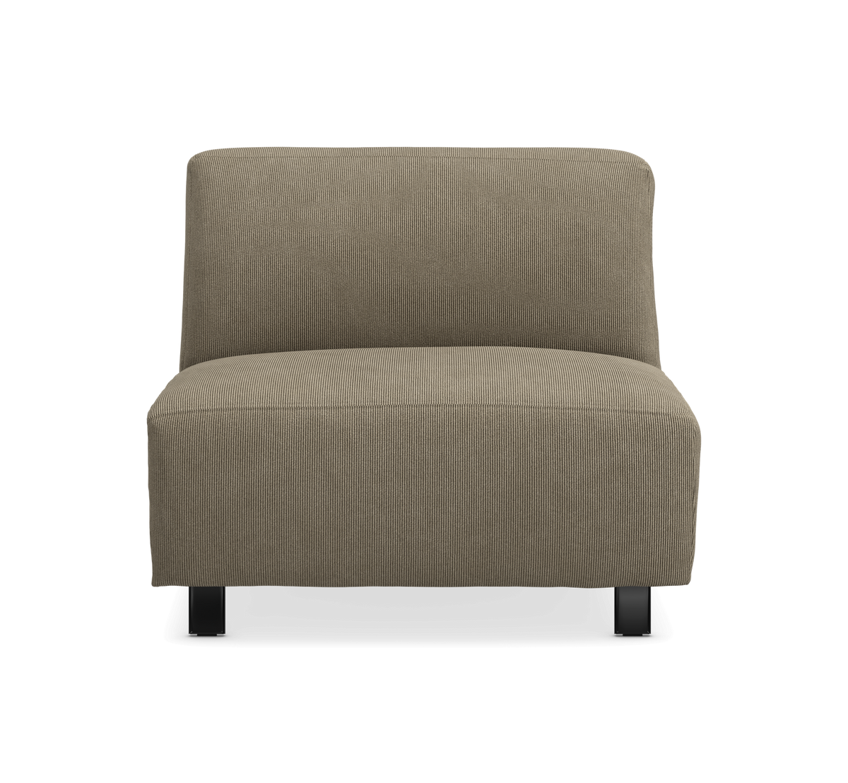 Armlös loungestol i beige tyg med svarta ben, frontvy mot vit bakgrund.
