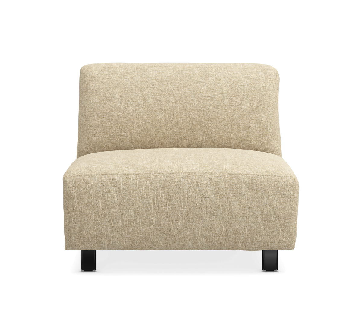 Beige armlös loungefåtöljmodul med svarta ben, framifrån.