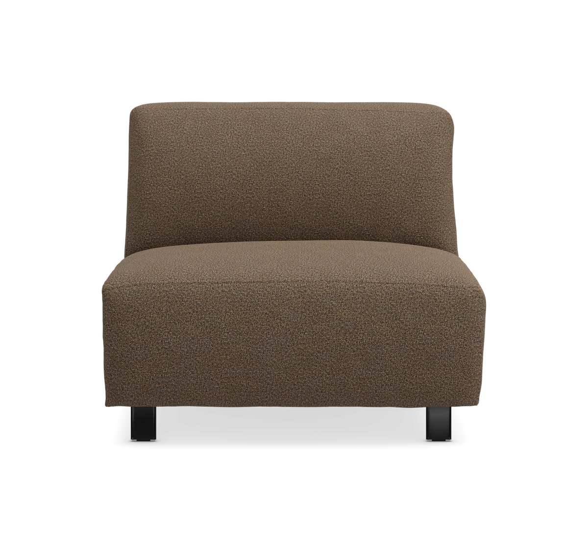 Brun armlös loungestol med texturerat tyg och svarta ben, sedd framifrån.